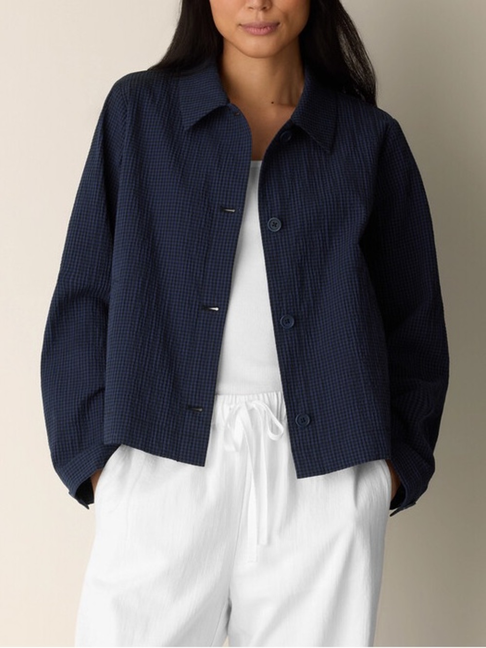 NWT Eileen Fisher Organic Linen Pucker Check Classic Collar Jacket size PP